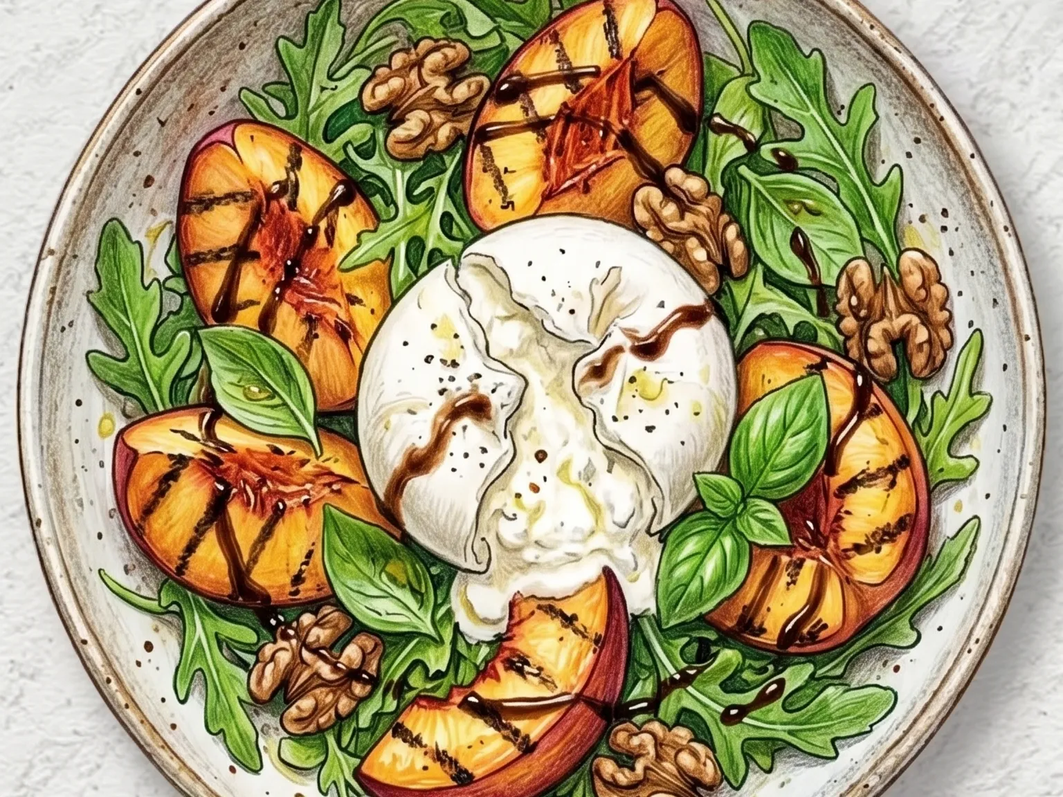 구운 복숭아 부라타 바질 샐러드