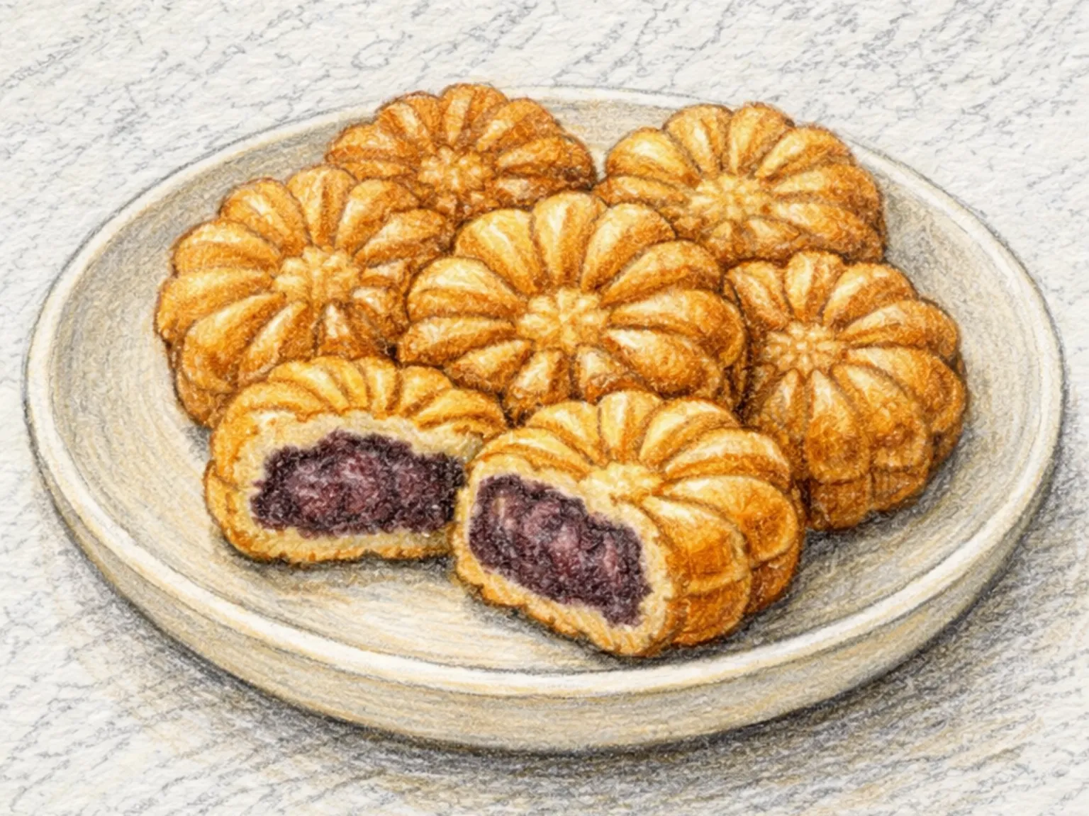 菊パン（あんこ入り菊型焼き）（鋳型焼き餡入り菊花パン）