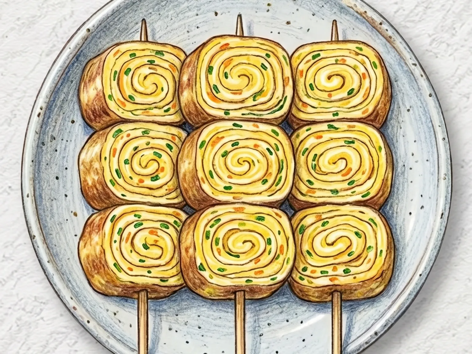Gyeran-mari kkochi (brochetas de rollo de huevo coreanas)