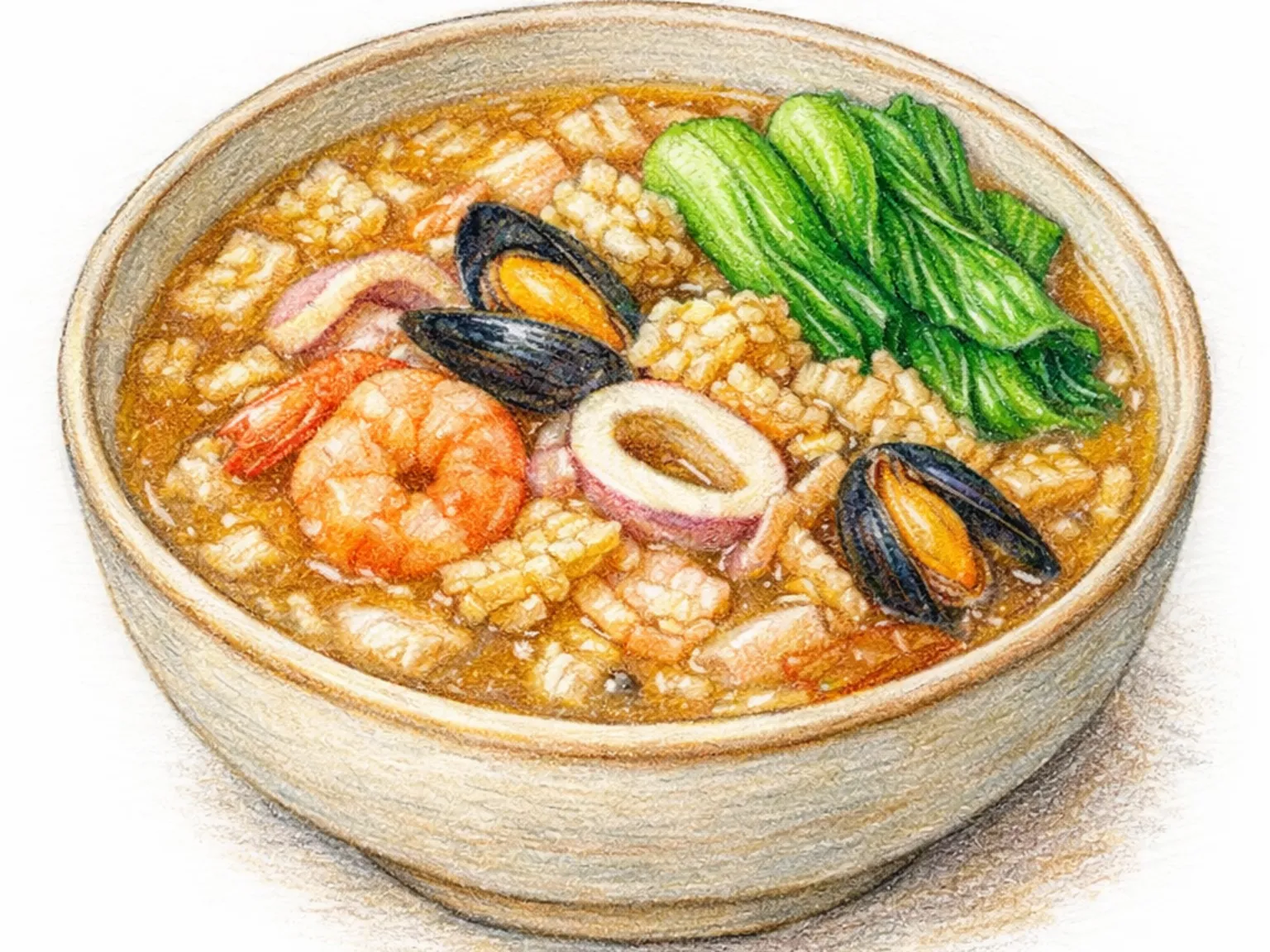Haemul Nurungji Tang (sopa coreana de mariscos con arroz tostado)