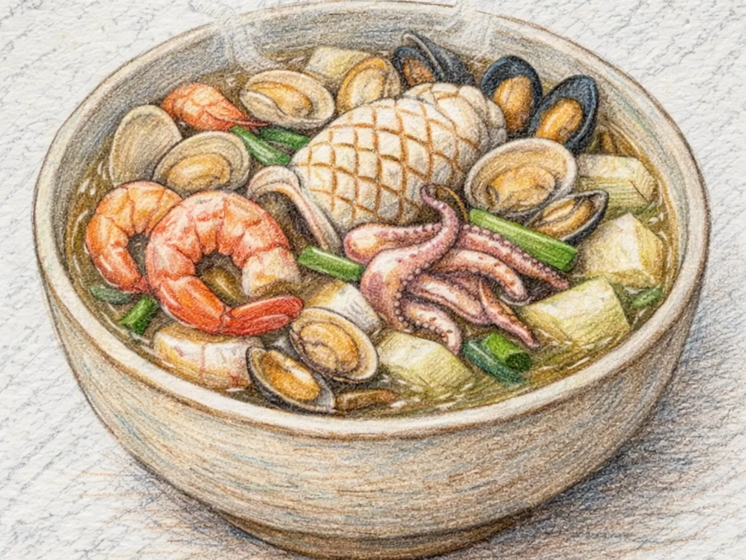 海鮮スユクタン(アサリ・エビ・イカの海鮮スープ)