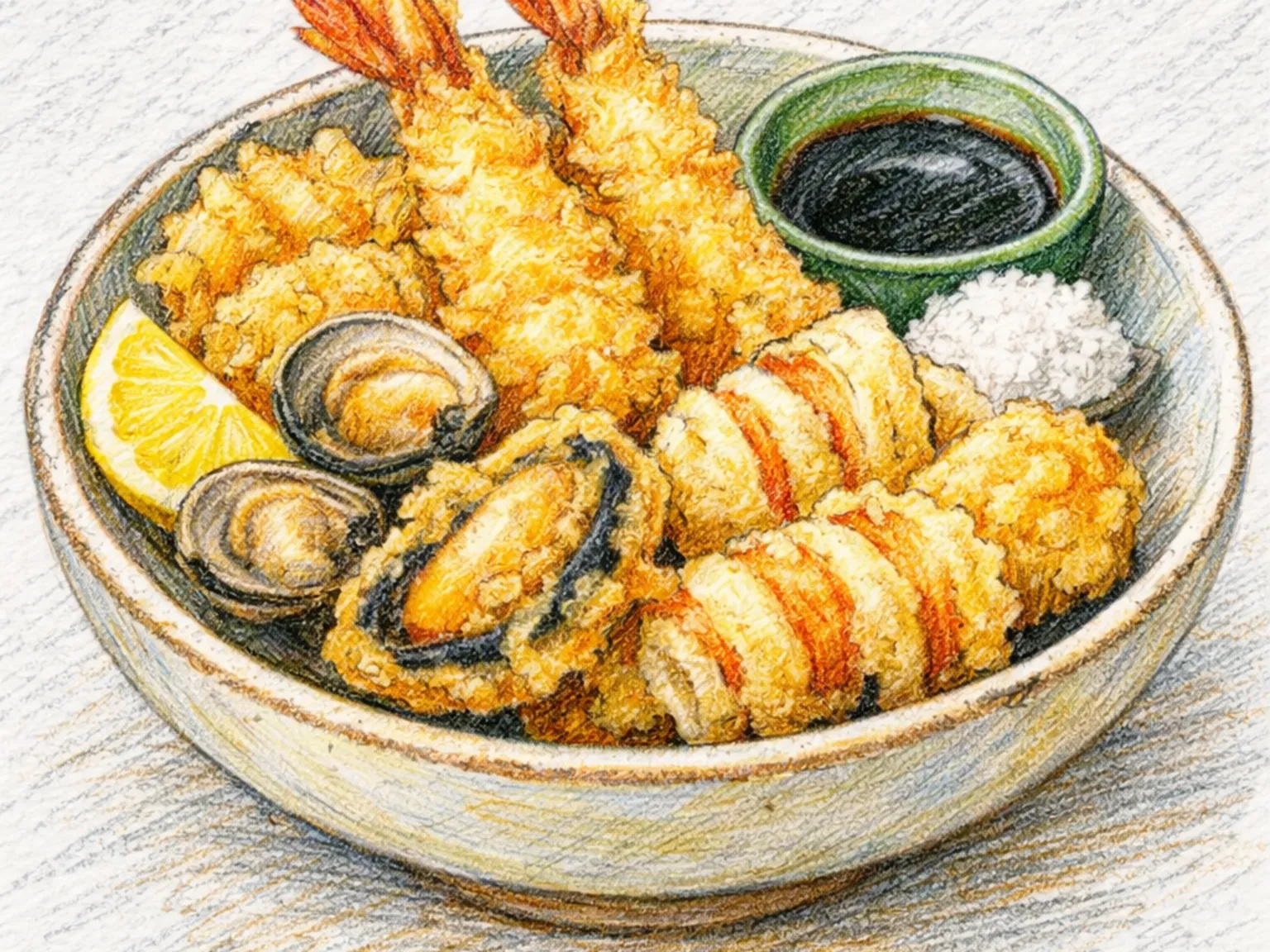 海鮮天ぷら盛り合わせ(えびいかあさりの薄衣揚げ)