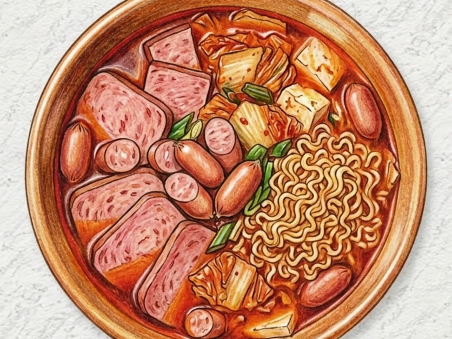 ハムたっぷりプデチゲ（スパムとソーセージの軍隊鍋）