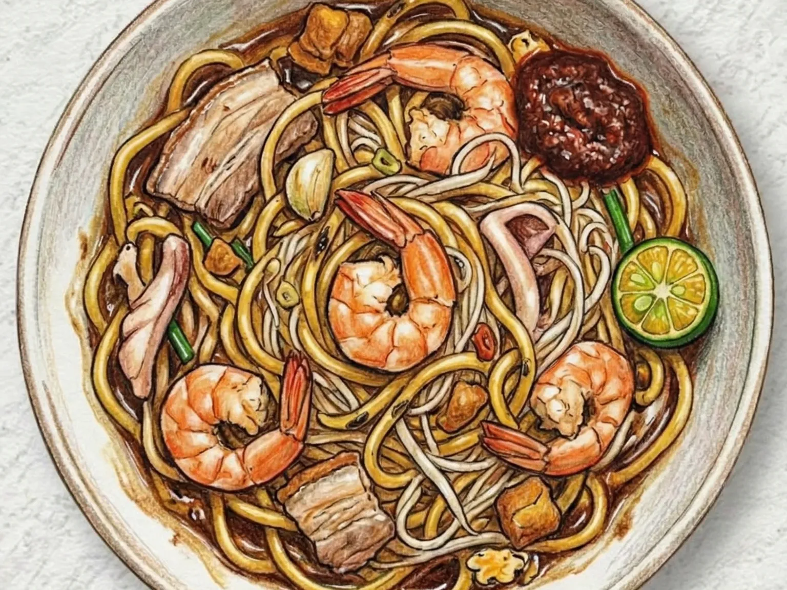 Hokkien Mee (Macarrão Frito com Caldo de Camarão)