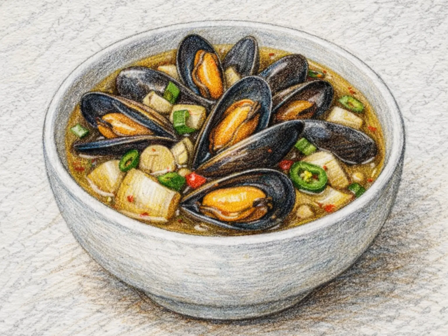 ムール貝チゲ（たっぷりムール貝のピリ辛スープ）