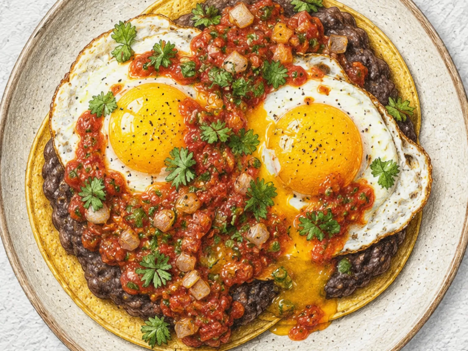 Huevos Rancheros (Ovos fritos sobre tortilha com salsa)
