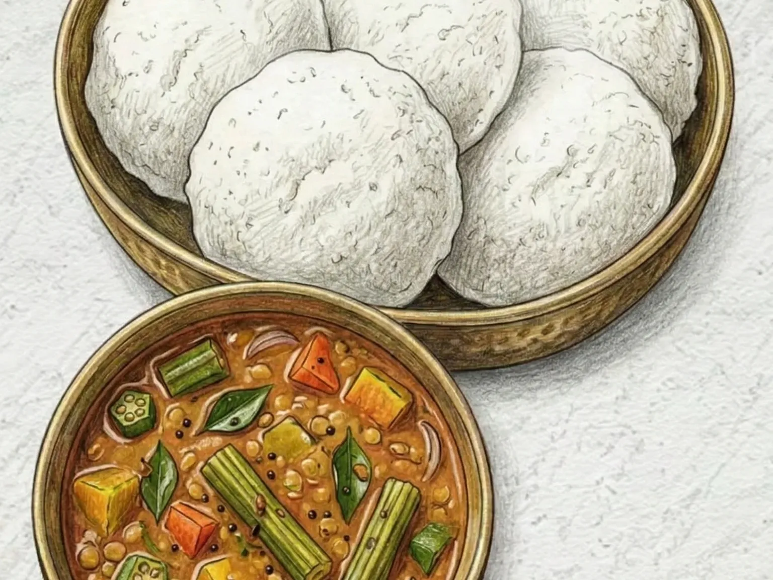 イドリー・サンバル(蒸し米餅とレンズ豆スープ)