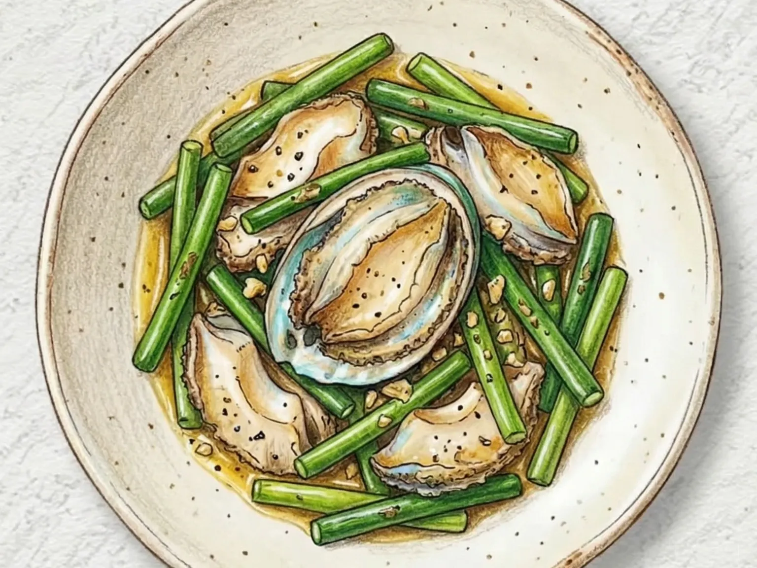 Jeonbok-maneuljong-butter-bokkeum (Refogado coreano de abalone e hastes de alho na manteiga)