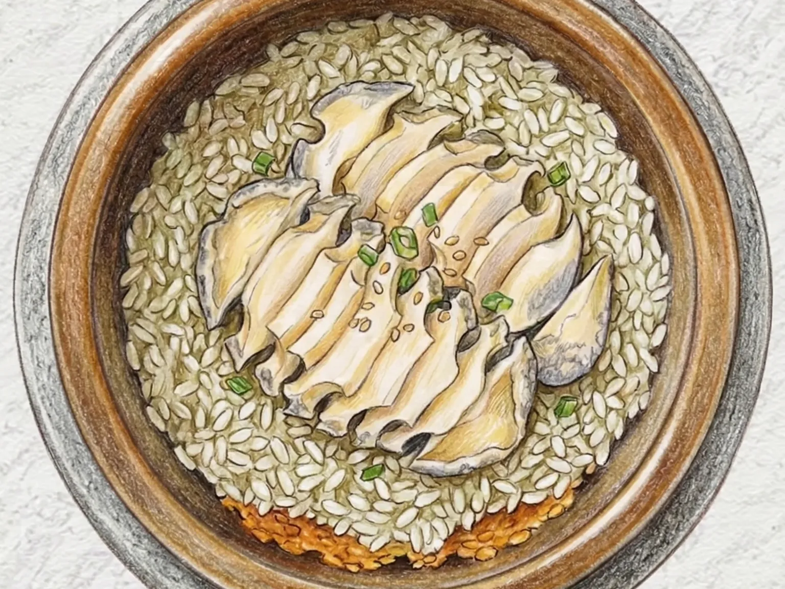 Jeonbok Sotbap (arroz de panela com abalone coreano)