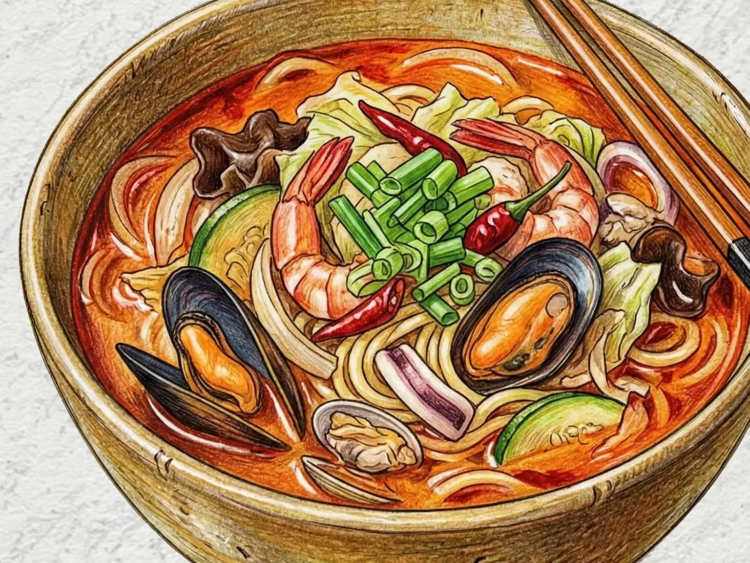 チャンポン（海鮮と野菜の真っ赤な辛味スープ麺）