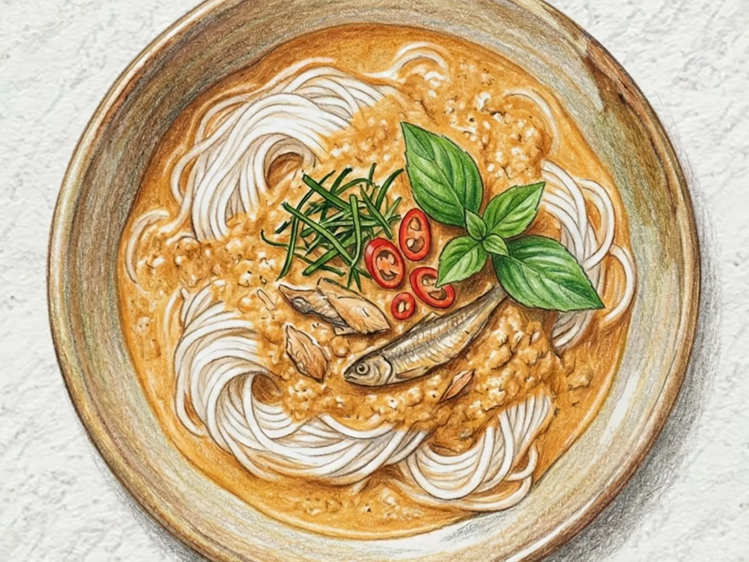 カノムジーン・ナムヤー（タイ風発酵米麺の魚カレー）