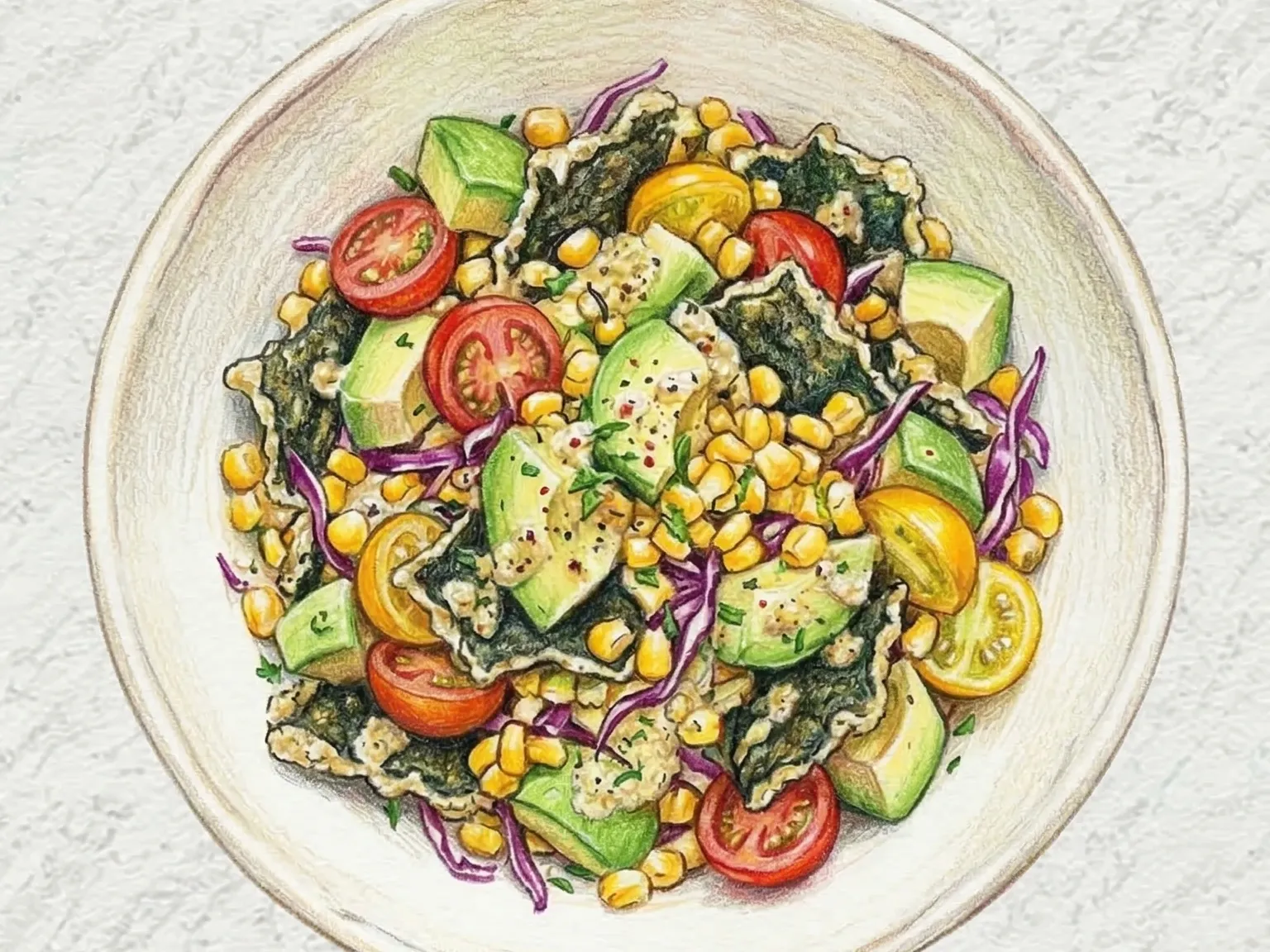 Gimbugak Avocado Corn Salad (salada de abacate, milho e chips de alga coreana)