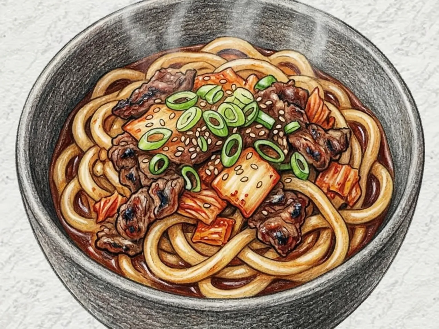 キムチプルコギうどん（キムチと牛肉の韓国風焼きうどん）