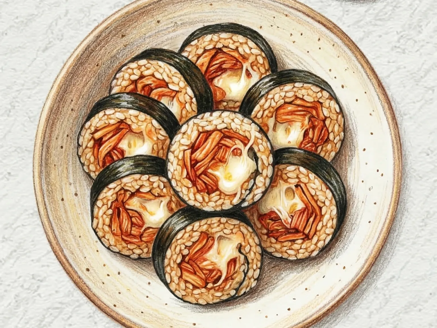 キムチチーズキンパ(炒めキムチとモッツァレラの海苔巻き)