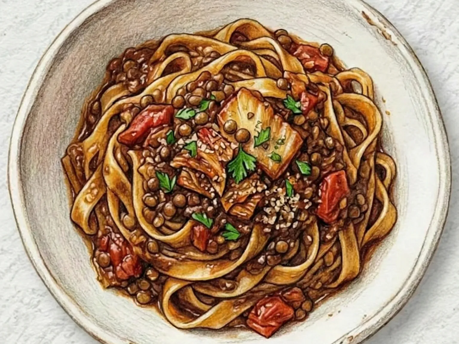 Kimchi Lentil Ragu Tagliatelle (tagliatelle con ragú de lentejas y kimchi)