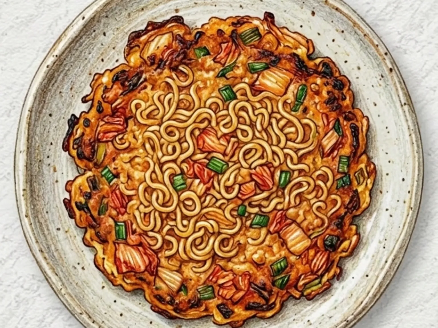 Kimchi Ramyeon Jeon (tortita de fideos ramen y kimchi)
