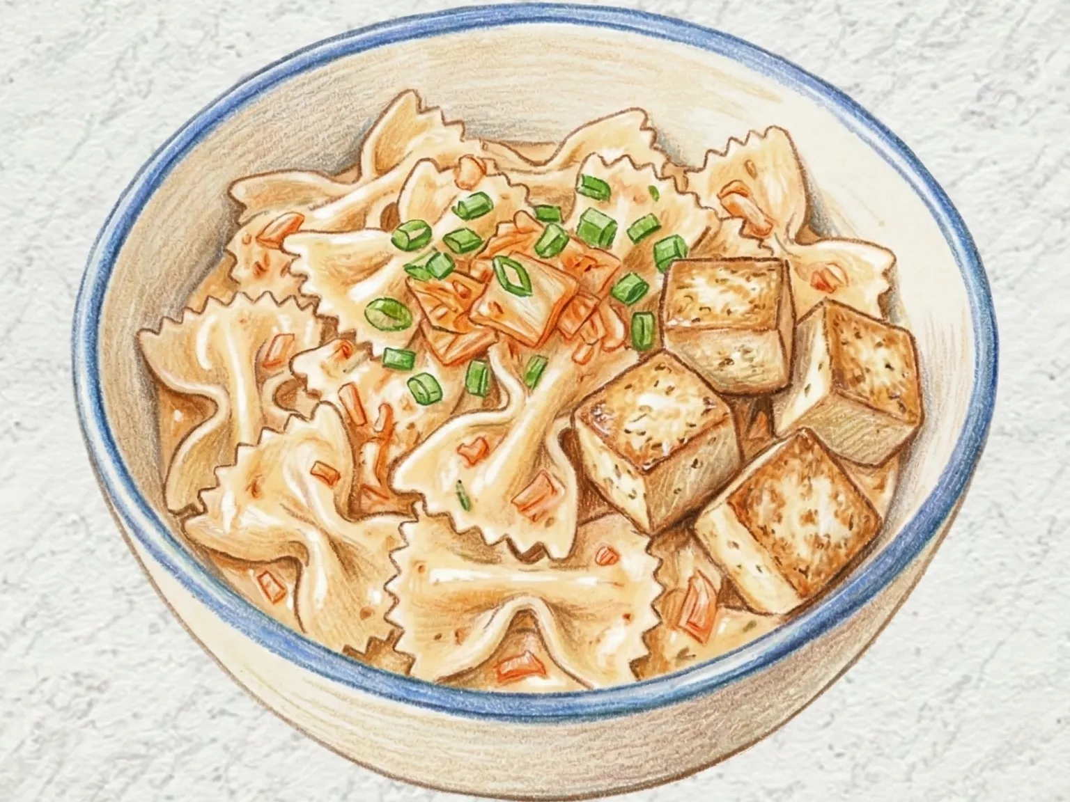 Kimchi Tofu Alfredo Farfalle (pasta farfalle cremosa con kimchi y tofu)
