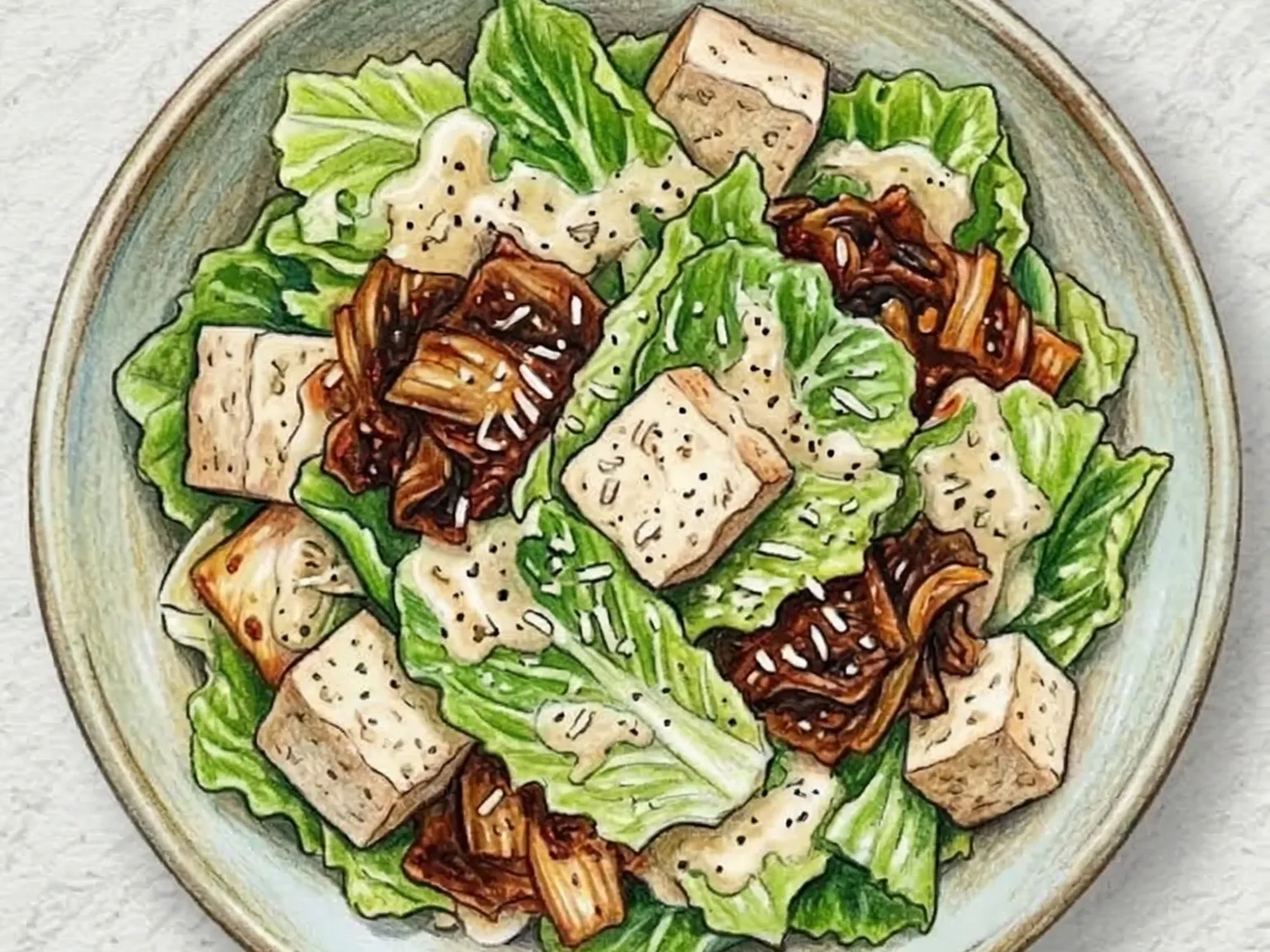 Kimchi Tofu Caesar Salad (salada caesar de kimchi e tofu)