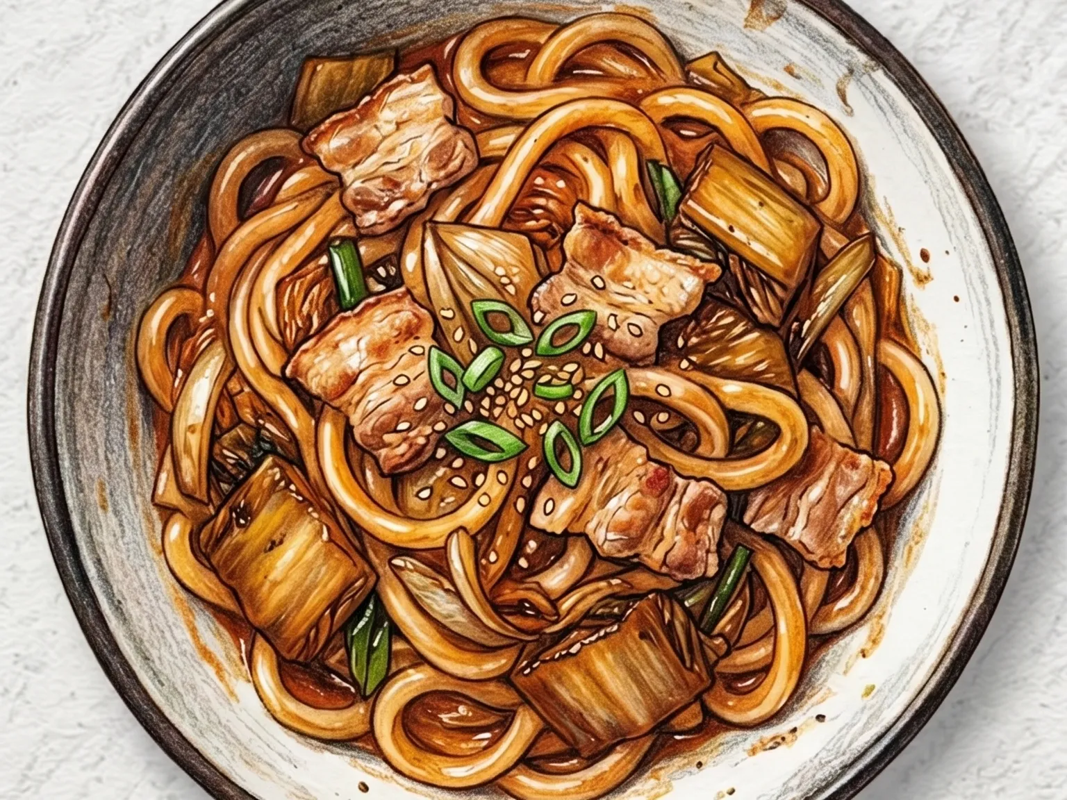 Kimchi Udon Stir-fry (macarrão udon frito na panela wok com barriga de porco e kimchi)