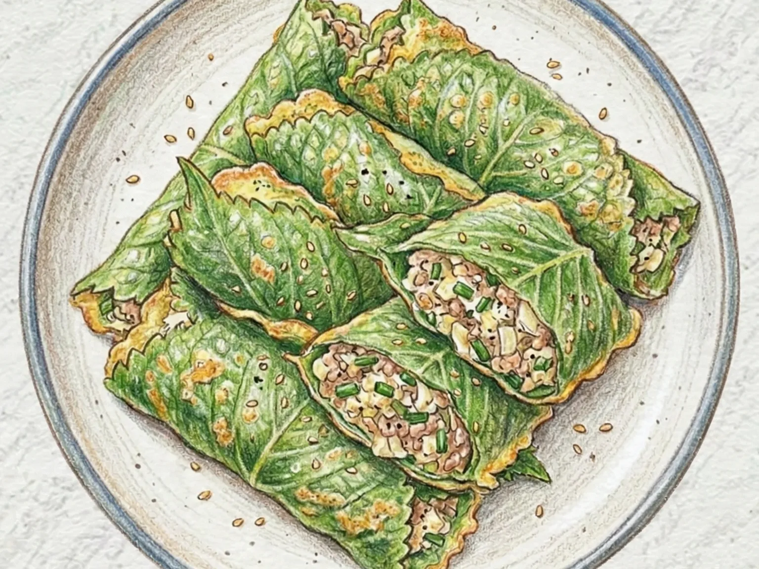 Kkae-ip Jeon (panqueques coreanos de hojas de perilla rellenas)