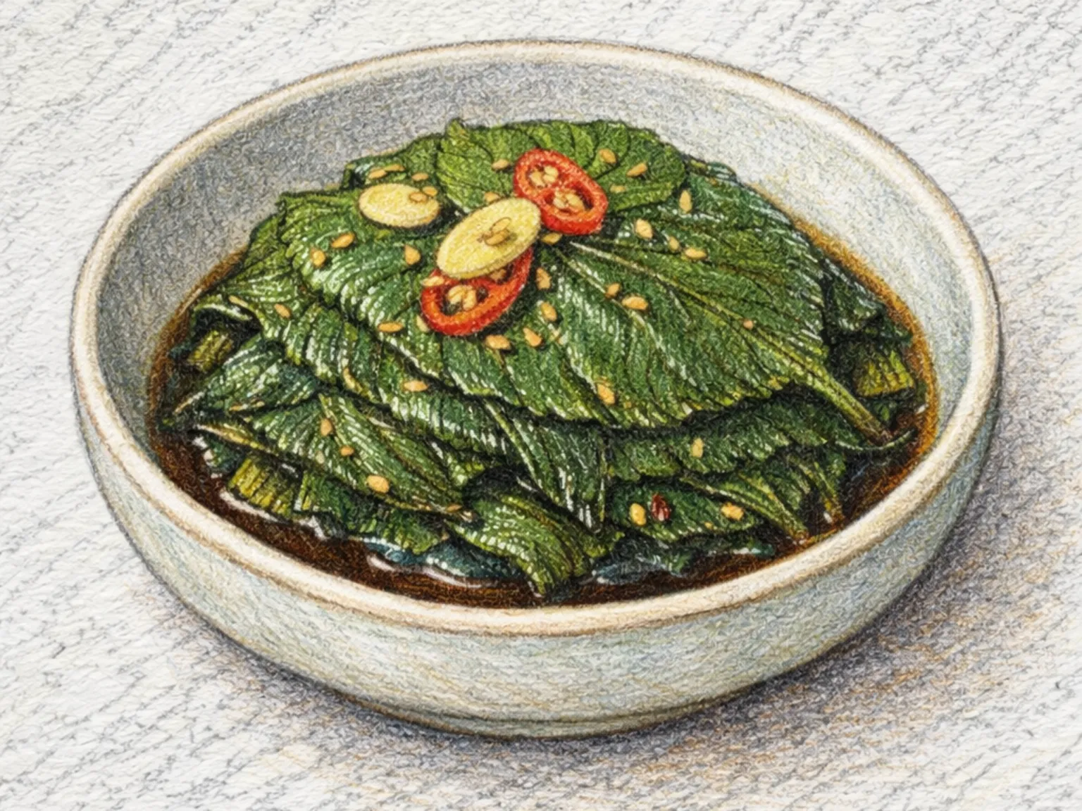 ケンニプジャンアチ（エゴマの葉の醤油漬け）