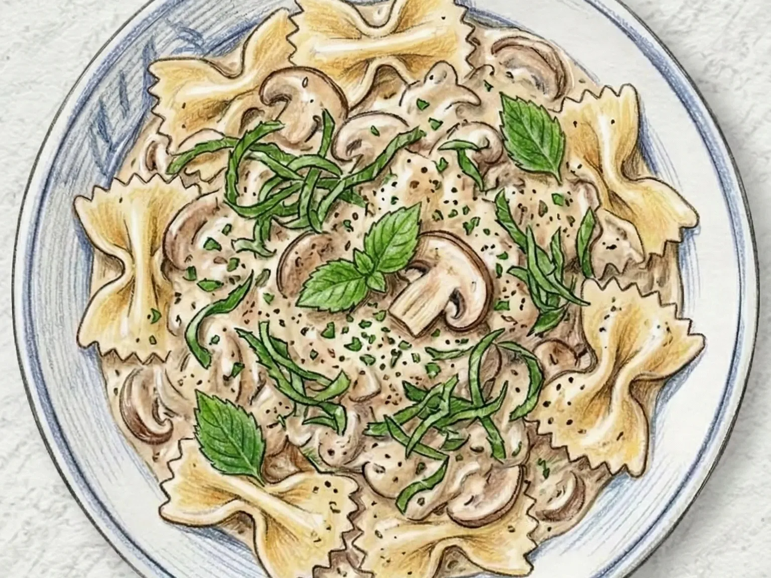 Kkaennip Mushroom Cream Farfalle (farfalle de crema de champiñones y kkaennip/hojas de perilla)