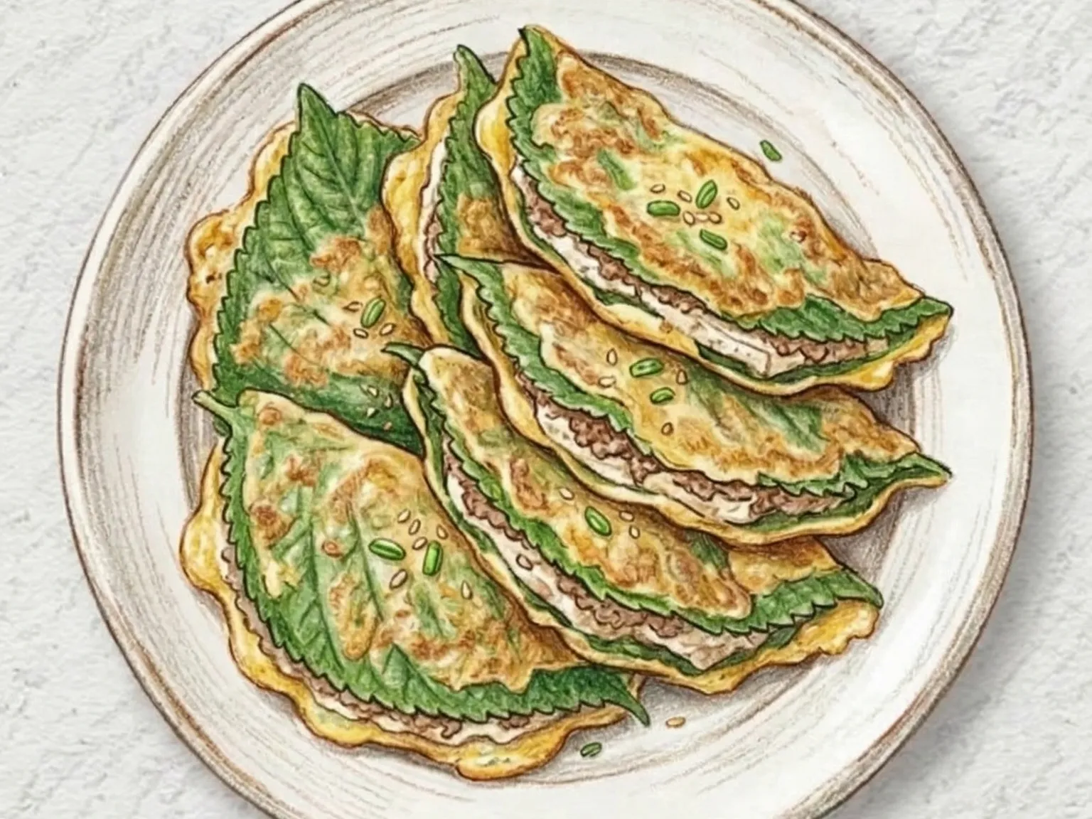 Kkaennip-yukjeon (panqueca de carne coreana envolta em folha de perilla)