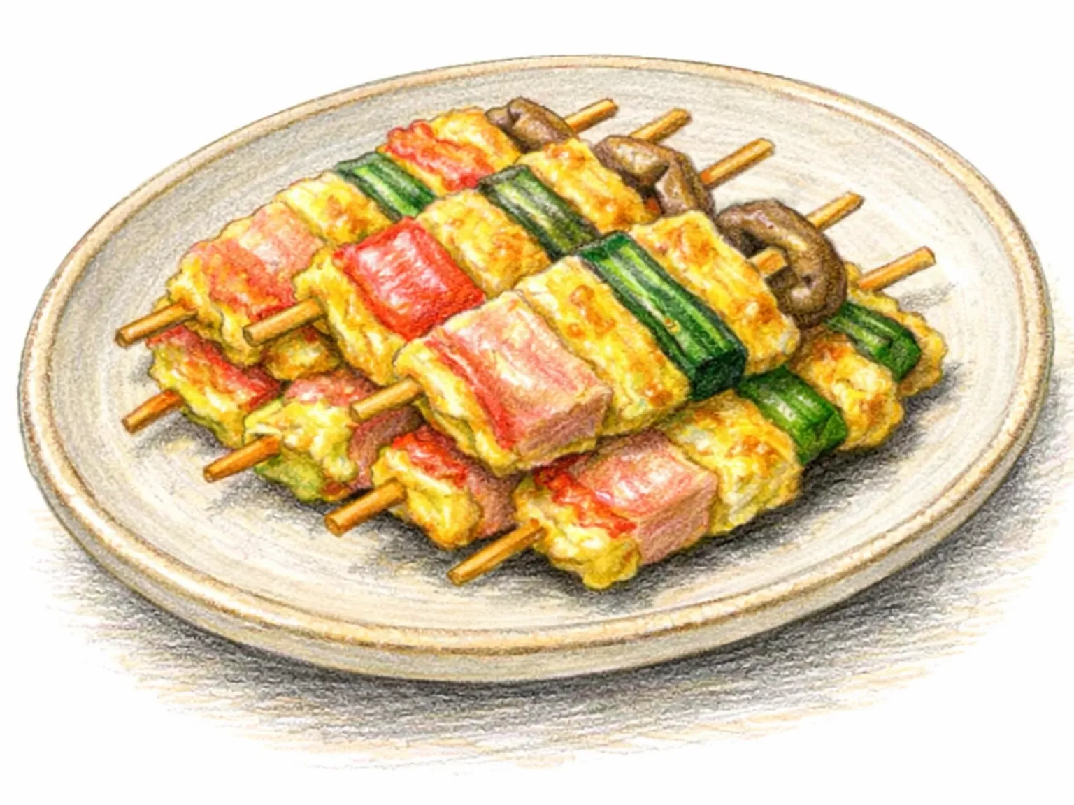 コチジョン（串チヂミ）（ハムときのこの串刺し卵チヂミ）