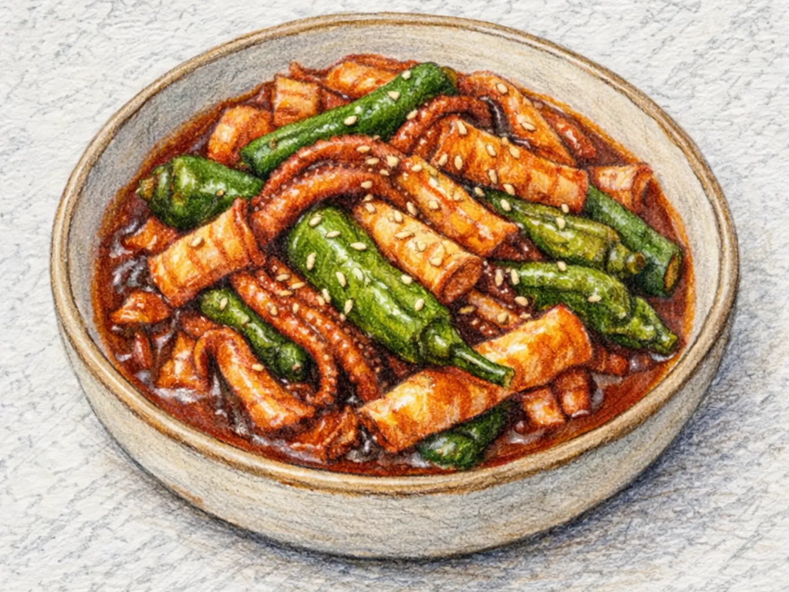 Kkwari Ojingeo Jorim (calamares estofados con pimientos shishito coreanos)