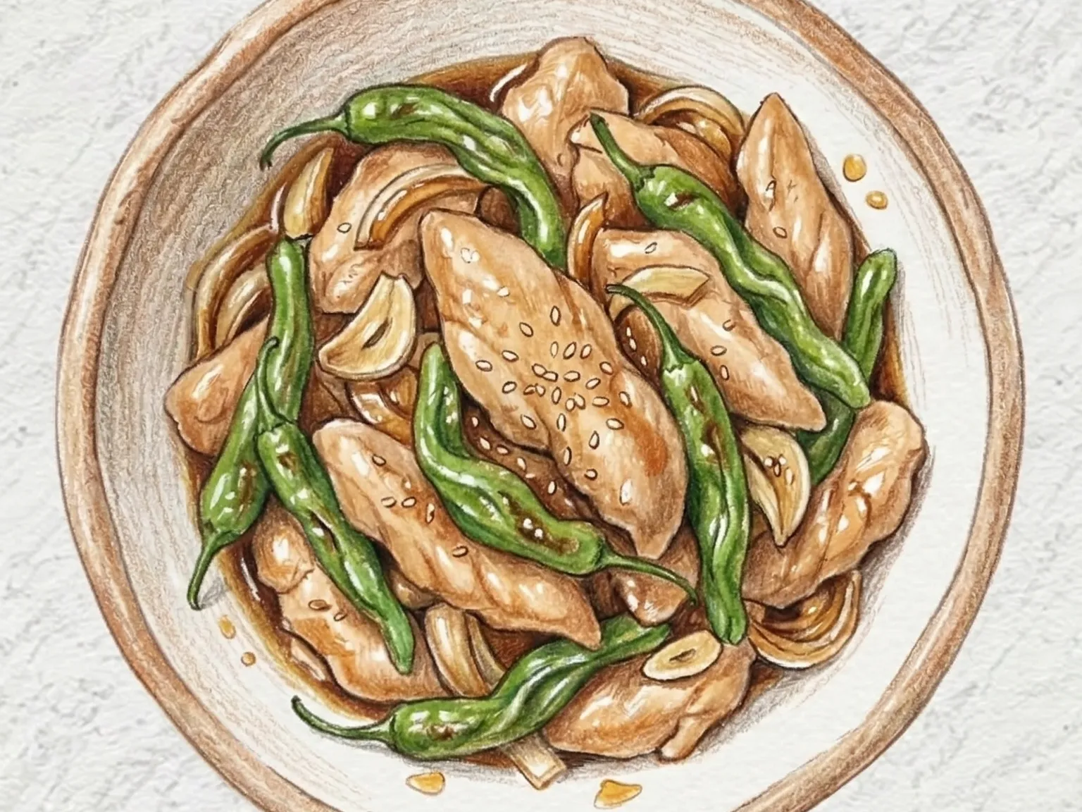 クァリゴチュタクアンシムポックム（ししとうと鶏ささみの炒め物）