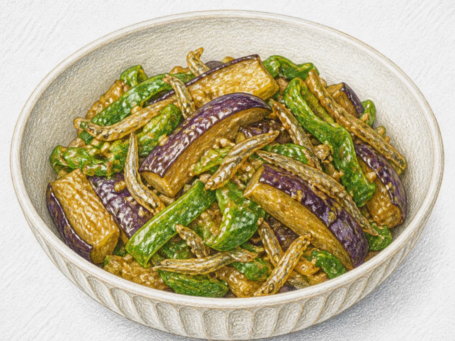 Koneri (Thickened Eggplant and Pepper Stir-Fry)