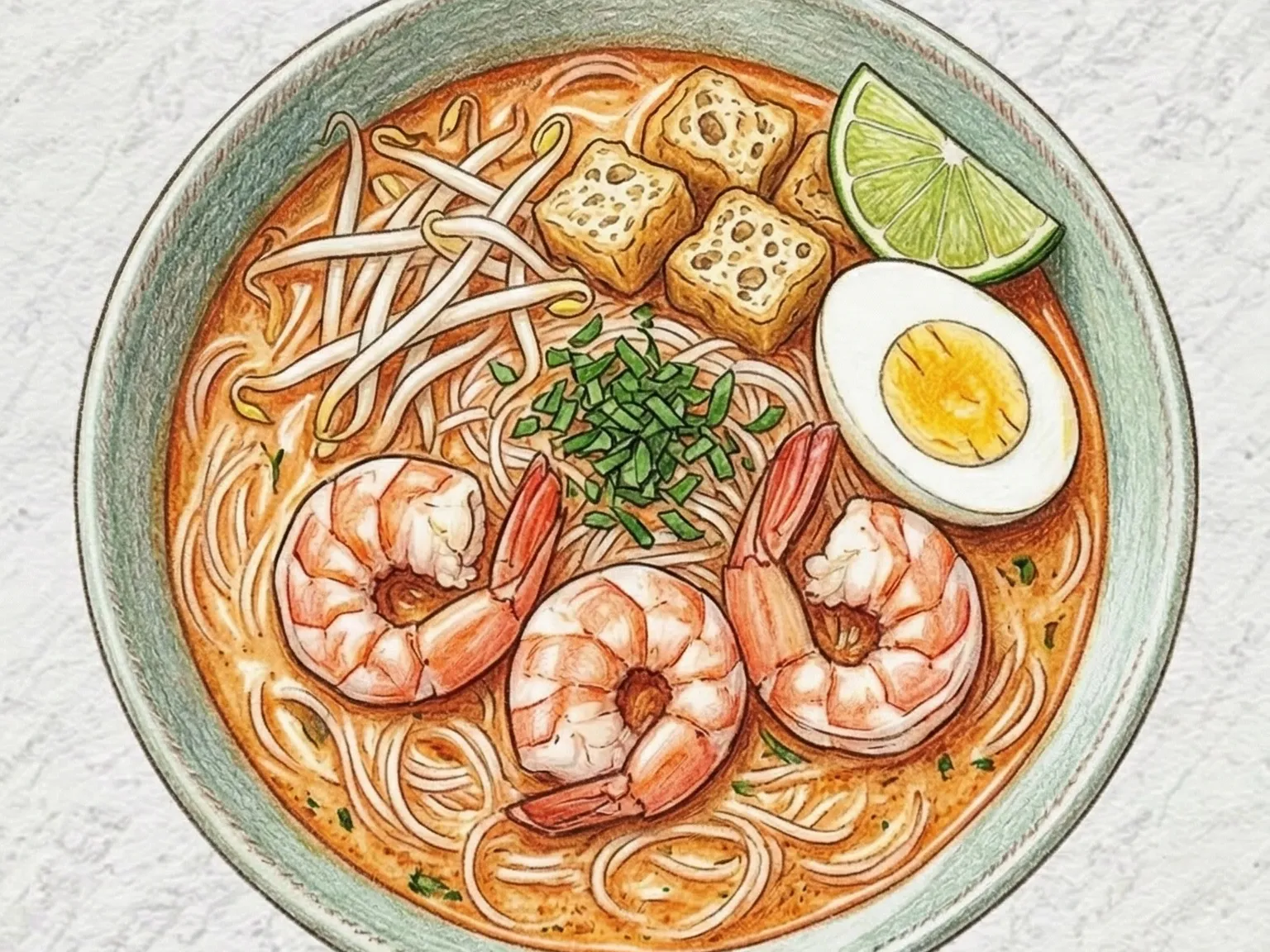 Laksa de Camarão e Coco (Sopa de Macarrão em Caldo de Coco Temperado com Camarão)