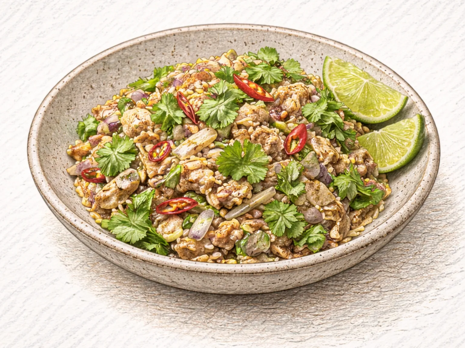 Larb Gai (Salada tailandesa de frango moído com ervas e limão)