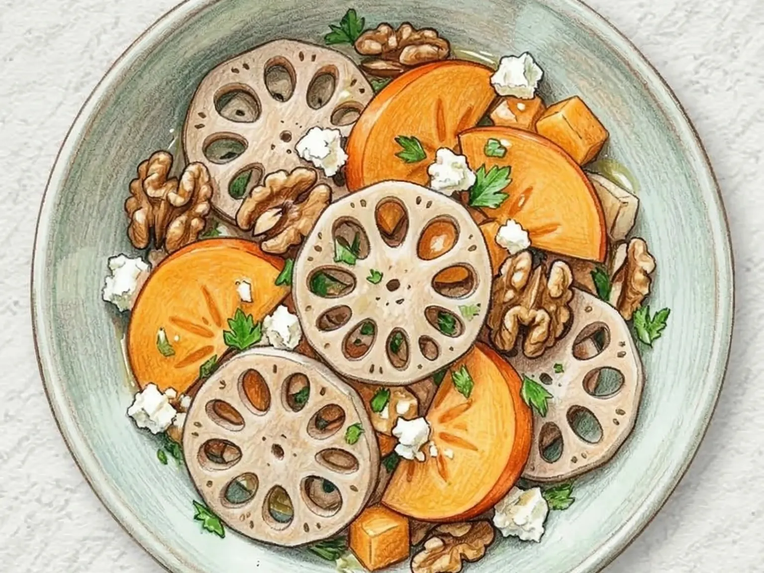 Lotus Root Persimmon Salad (ensalada coreana de raíz de loto y caqui)