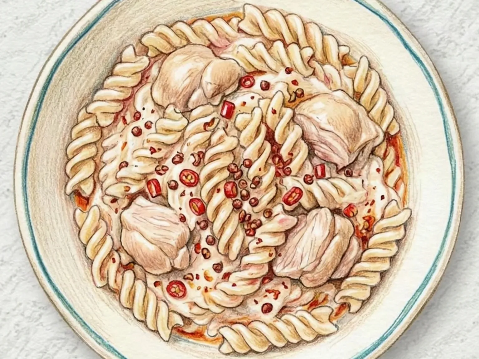 Mala Chicken Alfredo Fusilli (fusilli alfredo con pollo y mala)