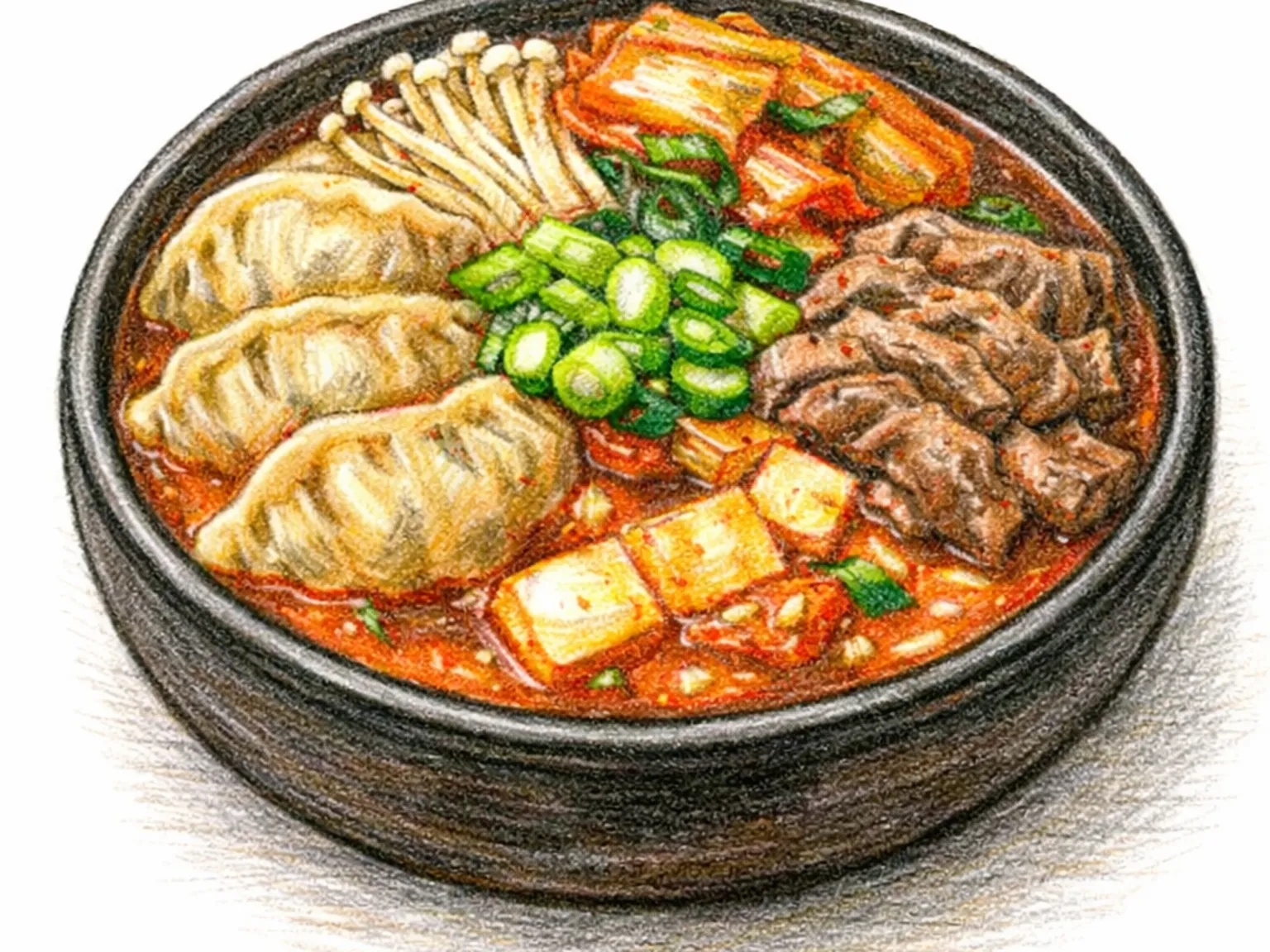 キムチ牛肉餃子鍋(辛い出汁の具だくさん鍋)