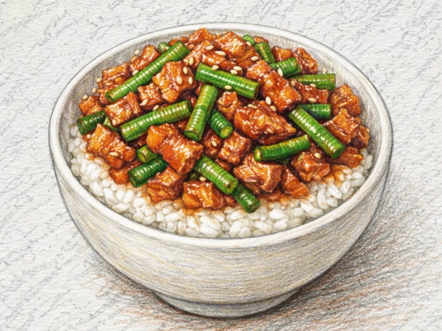 Maneul-jong Deopbap (bol de arroz con brotes de ajo y cerdo coreano)