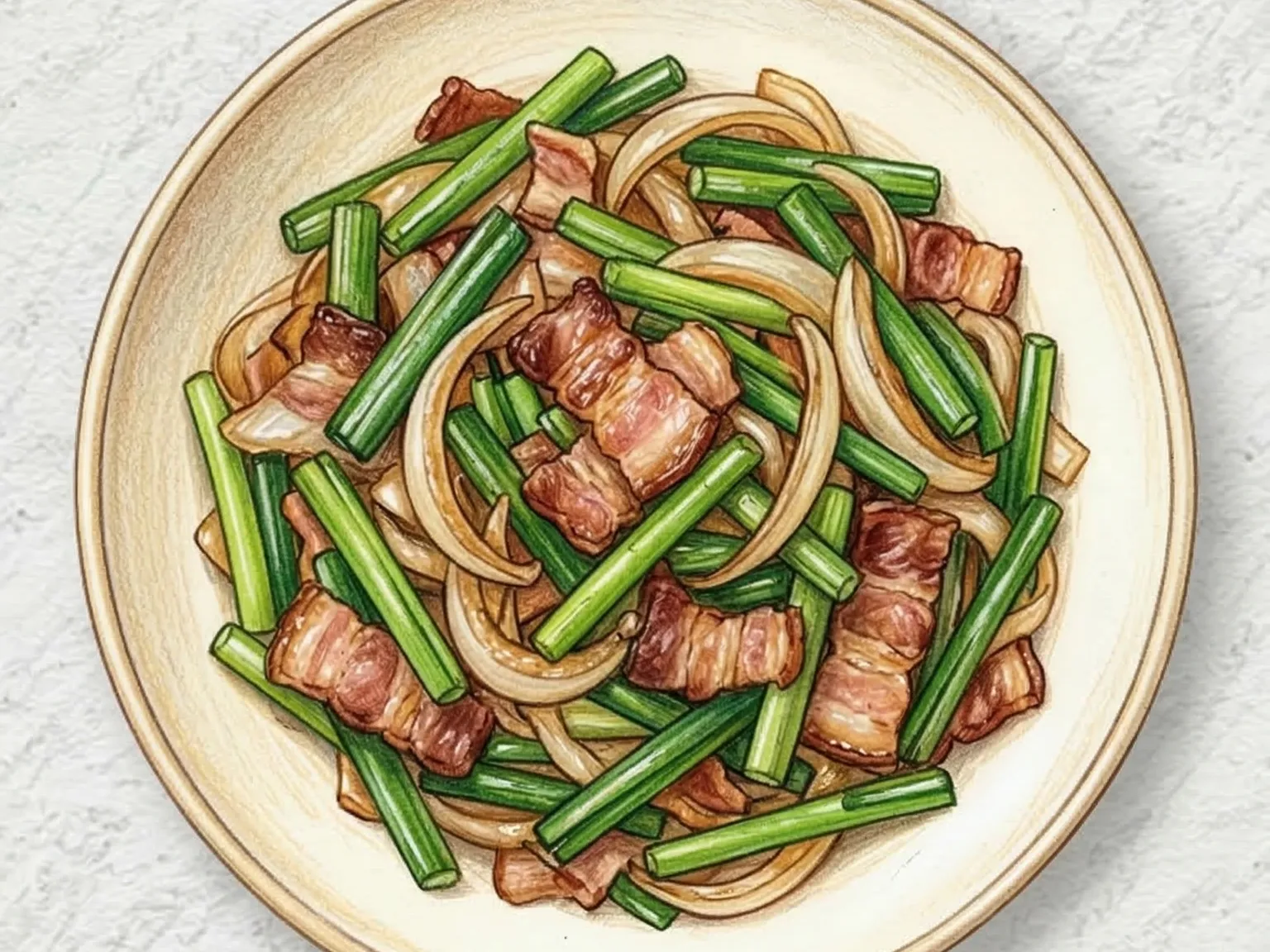 マヌルッチョンベーコンポックム(にんにくの芽とベーコン炒め)