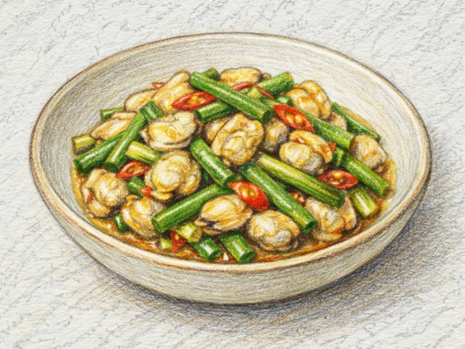 Maneuljjong-jogae-bokkeum (Refogado coreano de hastes de alho e amêijoas)