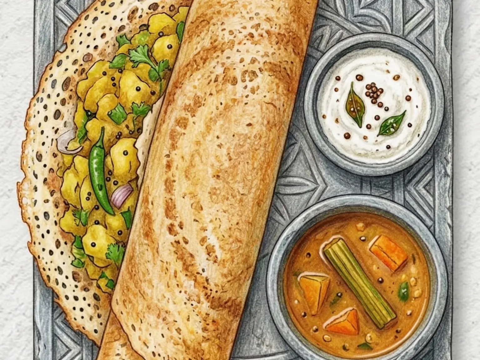 Masala Dosa (Crepe Crujiente de Arroz del Sur de la India con Relleno de Patata Especiada)