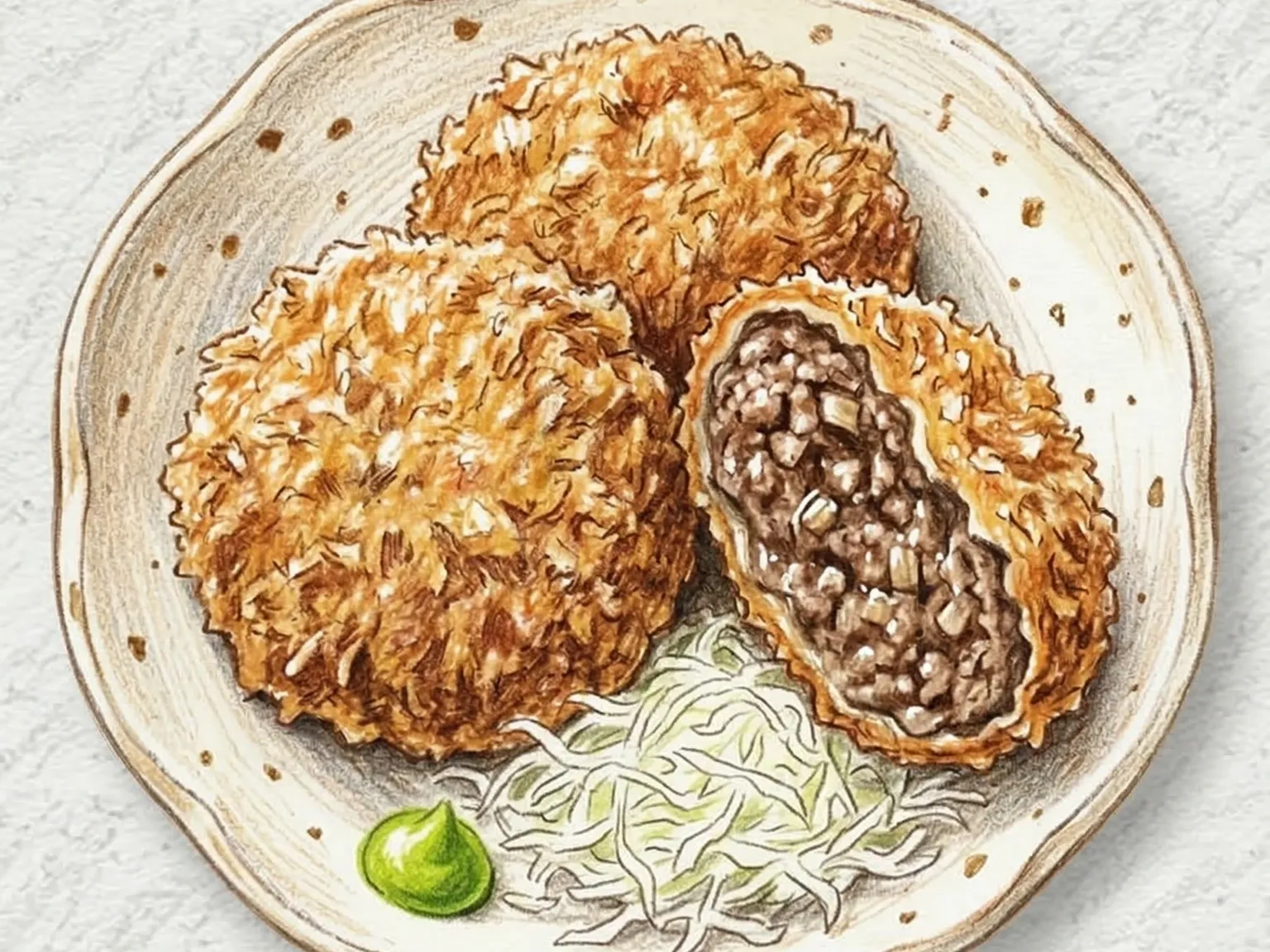 Menchi Katsu (Hambúrguer de carne moída empanado e frito japonês)