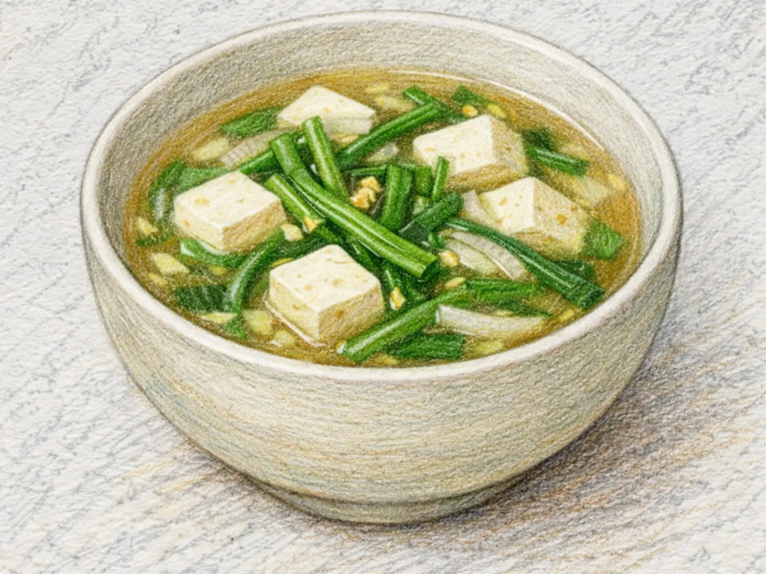 Minari Dubu-guk (Sopa coreana de tofu com salsa-d'água)