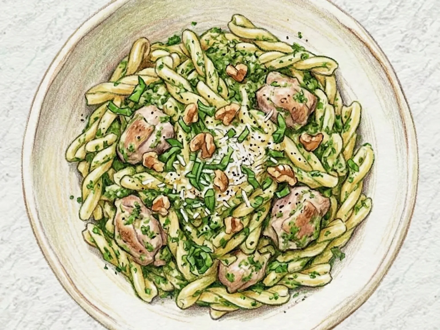 Minari Pesto Chicken Gemelli (Massa gemelli com frango e pesto de Minari)