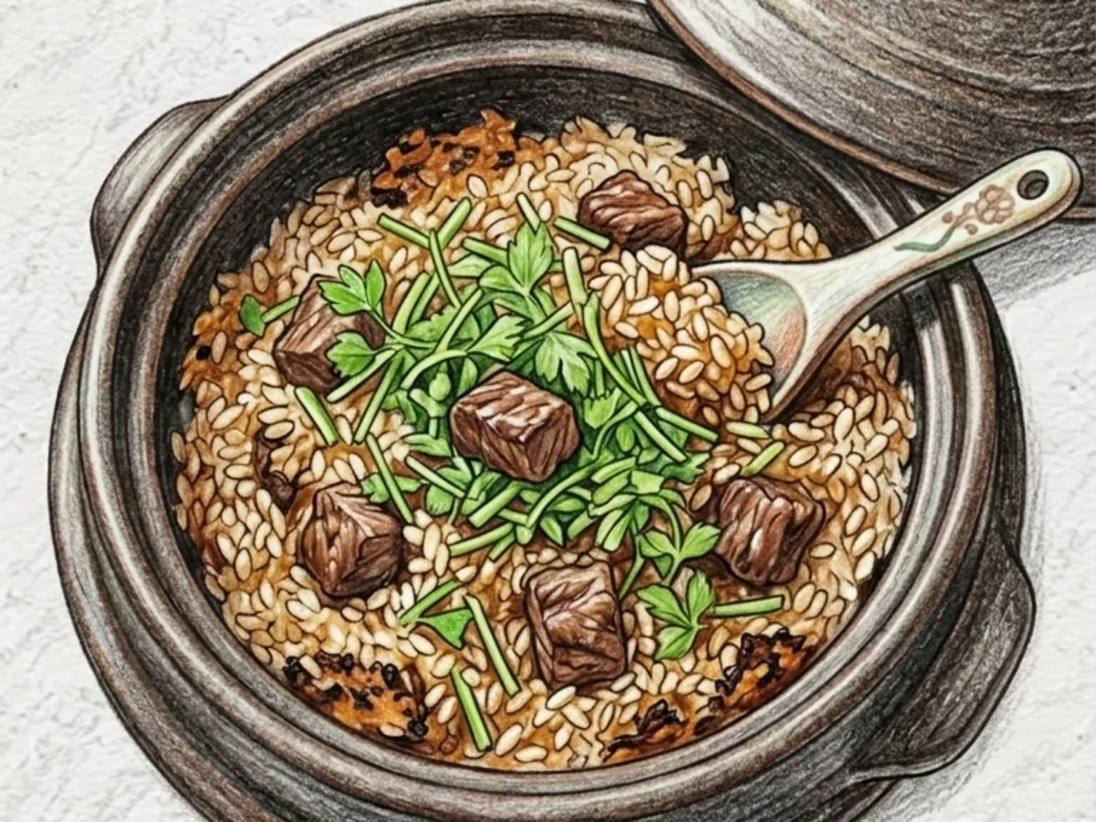 セリと牛肉の釜飯(醤油漬け牛肉の旨味釜飯)