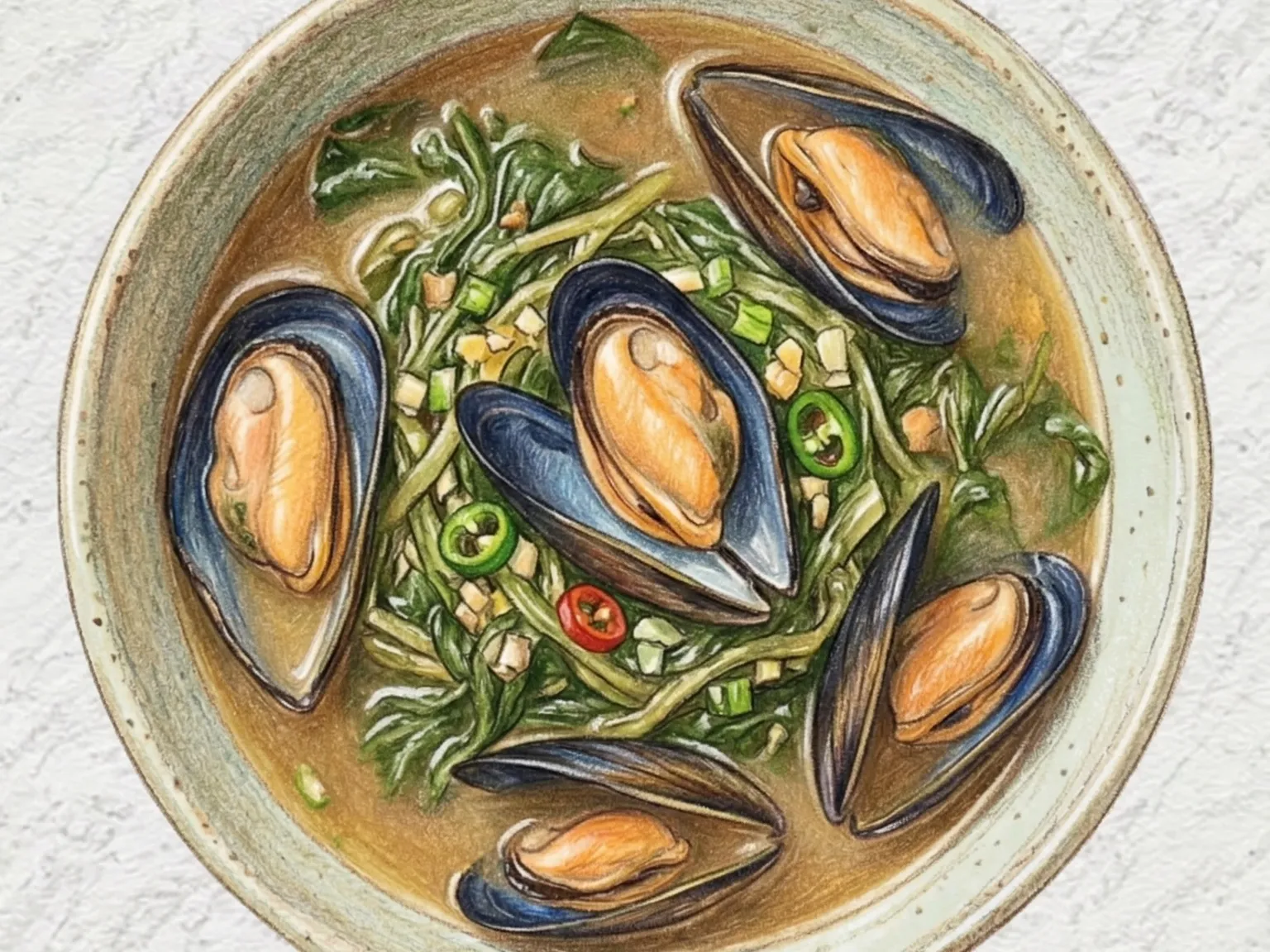 Mucheong-honghap-guk (Sopa coreana de folhas de rábano com mexilhões)