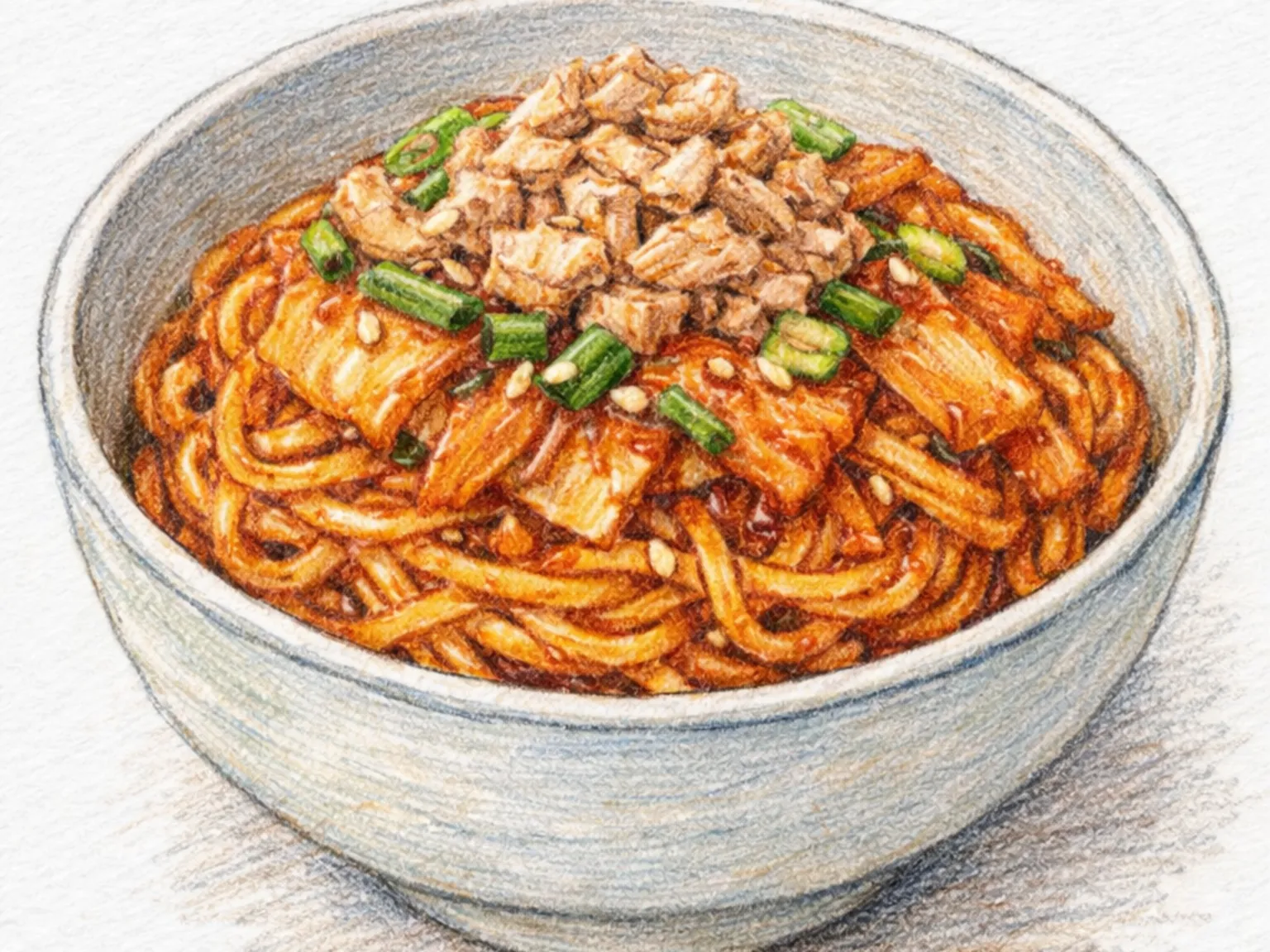 Mukeunji Tuna Bibim Myeon (fideos coreanos mezclados con atún y kimchi añejo)