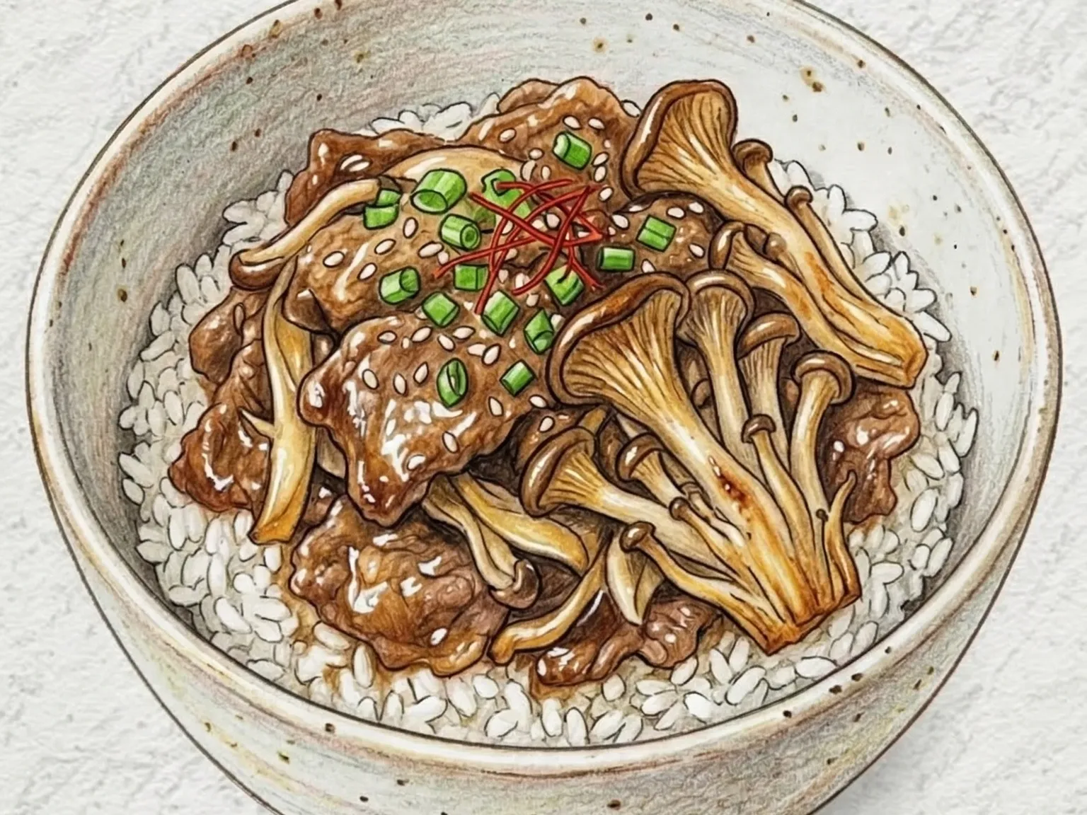 きのこプルコギ丼(梨汁漬け牛肉ときのこの丼)