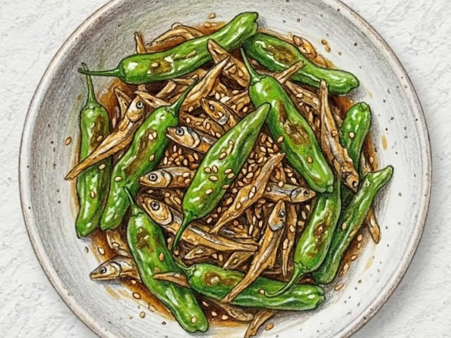Myeolchi Kkwari Jorim (Anchovas refogadas com pimentões shishito à coreana)