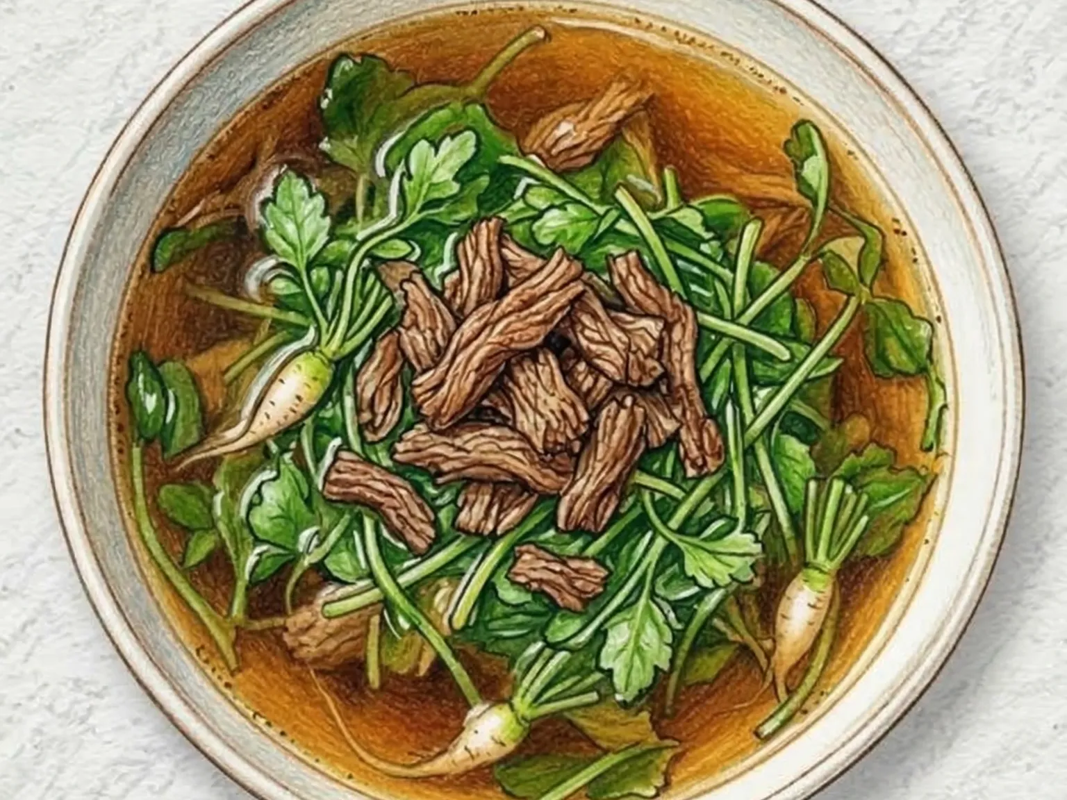 Naengi-soegogi-guk (sopa coreana de ternera y bolsa de pastor)