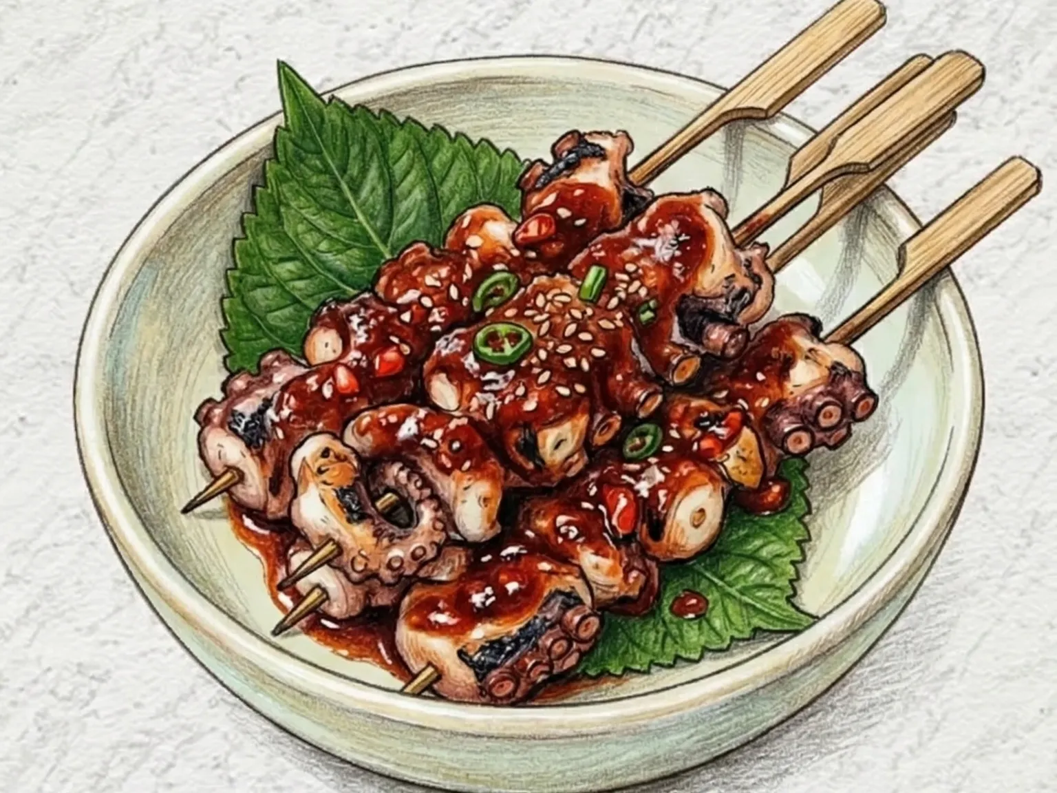 タコの串焼き(コチュジャンダレのピリ辛串)